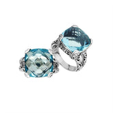 Elegant sterling silver ring with cushion-cut Blue Topaz Quartz, handcrafted Bali design.